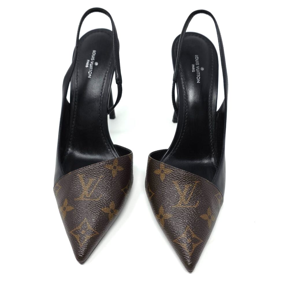 Louis Vuitton Monogram Slingback Pumps Cherie Pointed Toe Leather Heels 37.5 7.5 - Picture 2 of 11